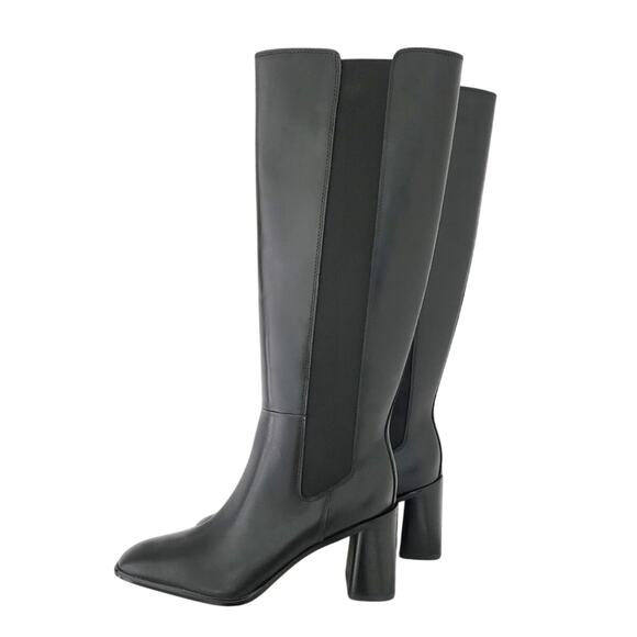 Nordstrom Tyra Black Tall Knee High Boot Sz 8.5 Leather Pull-On Elastic Gore NIB - Picture 2 of 14